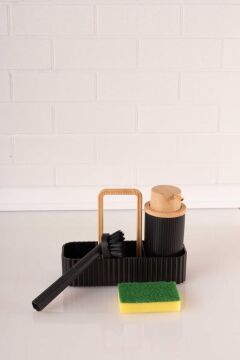 Bambu Desenli Fırçalı ve Sünger Hazneli Sıvı Sabunluk, Standlı Mutfak Banyo Deterjanlığı Siyah