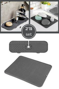 2’li Musluk Lavabo Matı Seti, Büyük Boy Çok Amaçlı Kurutmalık ve Bulaşık Süngeri Matı 2’li Set