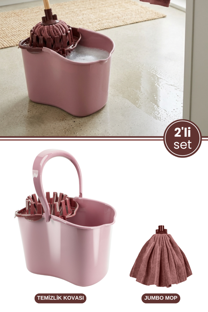 Flora Sıkmalı Temizlik Yer Silme Kovası 15 litre + Süper Emici Mikrofiber Jumbo Havlu Mop 2’li Seti