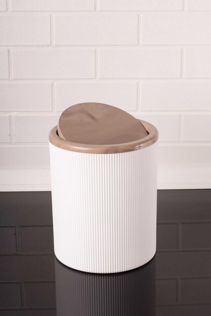 Mermer Desenli Sallanır Kapak Yuvarlak Banyo Çöp Kovası 6 lt, Mutfak Tezgah Üstü Çöp Kovası Beyaz