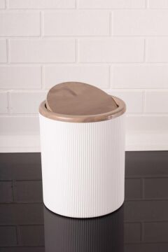 Mermer Desenli Sallanır Kapak Yuvarlak Banyo Çöp Kovası 6 lt, Mutfak Tezgah Üstü Çöp Kovası Beyaz