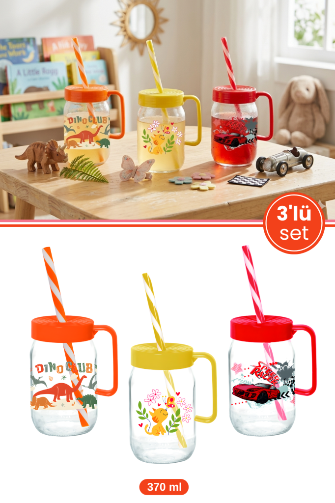 3 Adet Kulplu Pipetli Cam Bardak Seti; 370 cc Çocuk Süt ve Meşrubat Bardağı Karışık Desen 3’lü Set