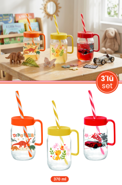 3 Adet Kulplu Pipetli Cam Bardak Seti; 370 cc Çocuk Süt ve Meşrubat Bardağı Karışık Desen 3’lü Set
