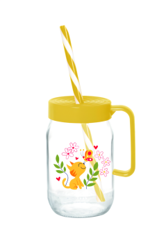 3 Adet Kulplu Pipetli Cam Bardak Seti; 370 cc Çocuk Süt ve Meşrubat Bardağı Karışık Desen 3’lü Set