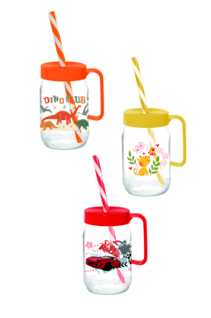 3 Adet Kulplu Pipetli Cam Bardak Seti; 370 cc Çocuk Süt ve Meşrubat Bardağı Karışık Desen 3’lü Set