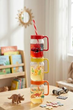 3 Adet Kulplu Pipetli Cam Bardak Seti; 370 cc Çocuk Süt ve Meşrubat Bardağı Karışık Desen 3’lü Set