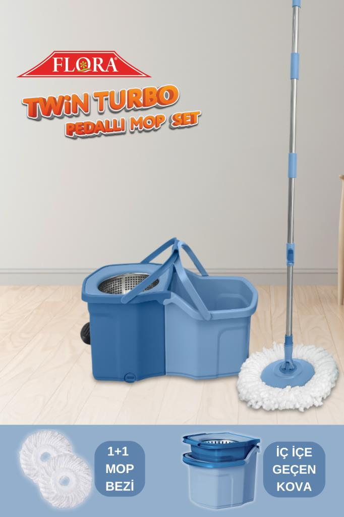 Twin Turbo Pedallı Çelik Mop Set, Temiz ve Kirli Suyu Ayıran Otomatik Temizlik Seti (1+1 Mop) Mavi
