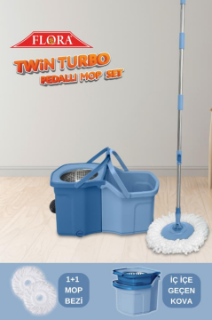 Twin Turbo Pedallı Çelik Mop Set, Temiz ve Kirli Suyu Ayıran Otomatik Temizlik Seti (1+1 Mop) Mavi