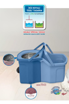 Twin Turbo Pedallı Çelik Mop Set, Temiz ve Kirli Suyu Ayıran Otomatik Temizlik Seti (1+1 Mop) Mavi