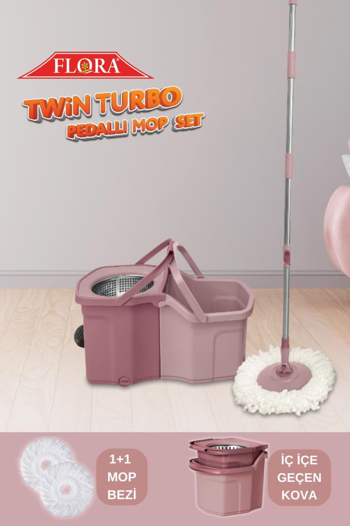 Twin Turbo Pedallı Çelik Mop Set, Temiz ve Kirli Suyu Ayıran Otomatik Temizlik Seti (1+1 Mop) Pembe