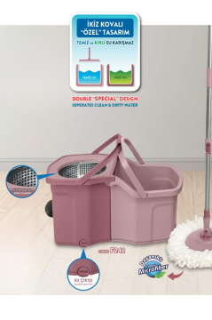 Twin Turbo Pedallı Çelik Mop Set, Temiz ve Kirli Suyu Ayıran Otomatik Temizlik Seti (1+1 Mop) Pembe