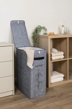 Flosoft Deri Detaylı Kapaklı Keçe Çamaşır Sepeti, Çok Amaçlı Çamaşır Oyuncak Saklama Kutusu