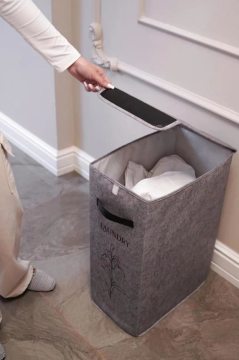 Flosoft Deri Detaylı Kapaklı Keçe Çamaşır Sepeti, Çok Amaçlı Çamaşır Oyuncak Saklama Kutusu