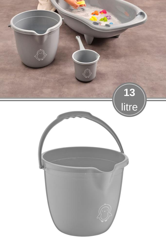 Flosoft Bebek Banyo Kovası, Saplı Oluklu Çok Amaçlı Kova 13 litre Gri