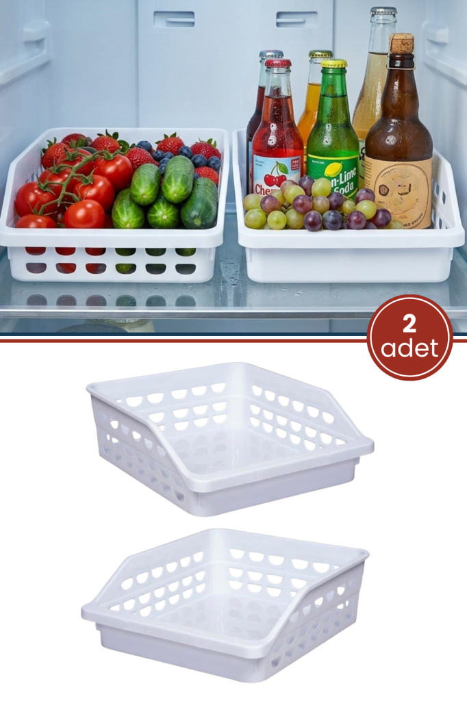 2 Adet Geniş Buzdolabı Düzenleyici, Mutfak Banyo Meyve Gıda Dolap İçi Organizer Sepet (25x30x10cm)