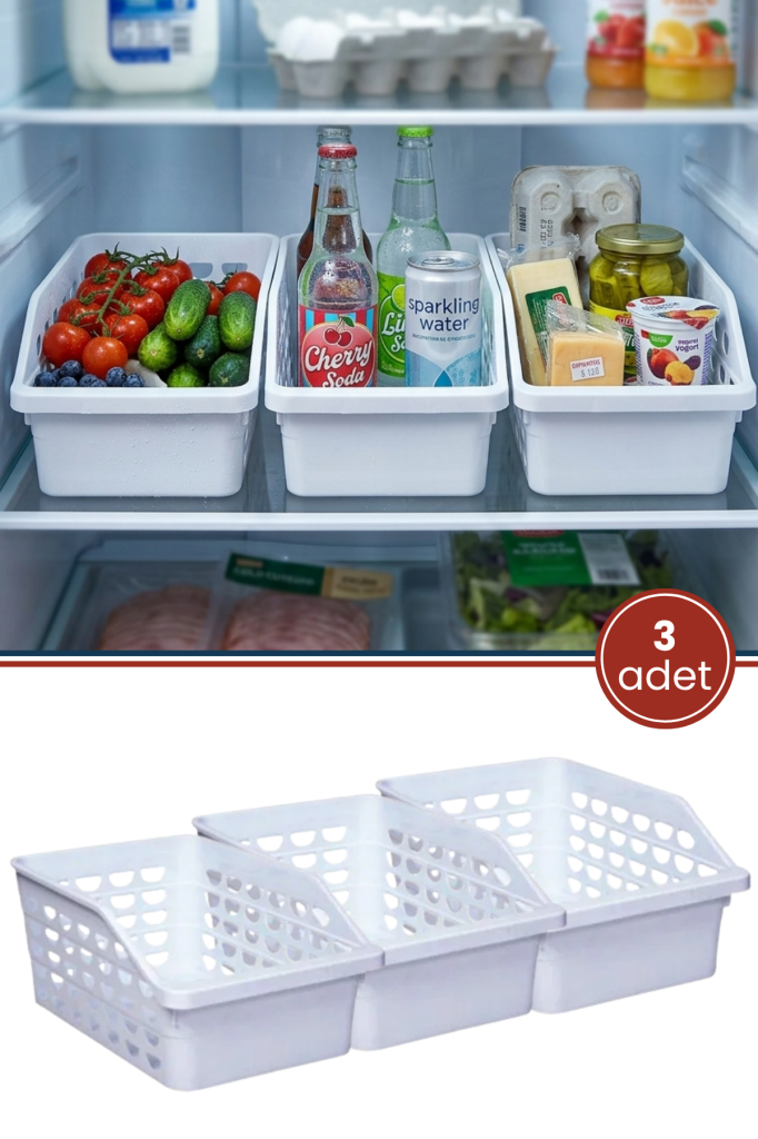 3 Adet Büyük Buzdolabı Düzenleyici, Mutfak Banyo Meyve Gıda Dolap İçi Organizer Sepet (25x30x13cm)