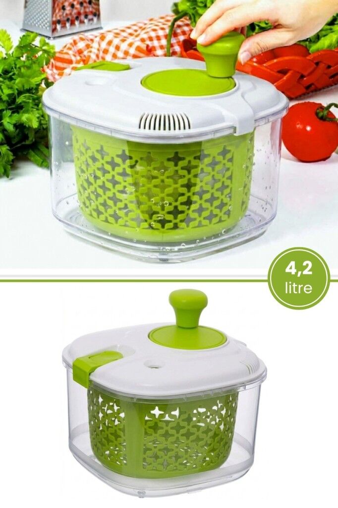 Flora Süzgeçli Manuel Salata Kurutucu 4,2 Litre, Sebze Meyve Marul Kıvırcık Yıkama ve Süzme Sepeti