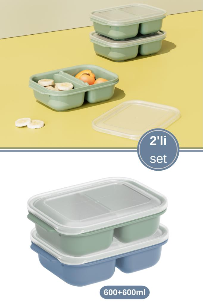 2 Adet İki Bölmeli Saklama Kabı, Taşınabilir Kahvaltılık Diyet Beslenme Kutusu 2’li Set (600+600ml)