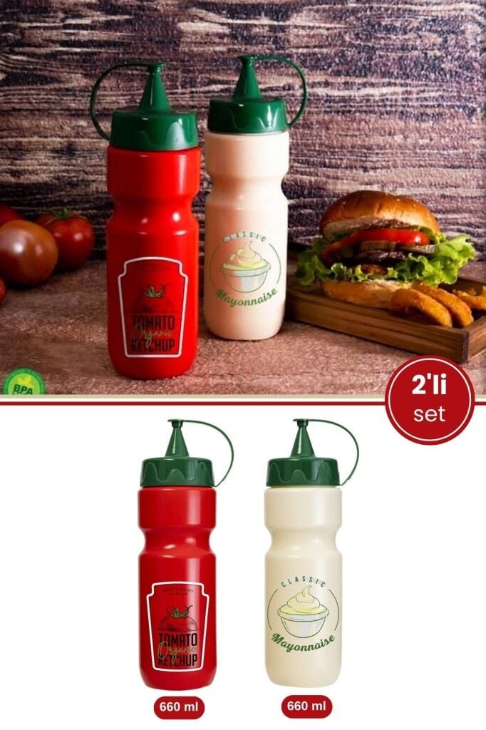 2’li Sos Şişesi Seti 660 ml, Kapaklı Plastik Ketçap ve Mayonez Şişesi Şef Sosluk 2’li Set