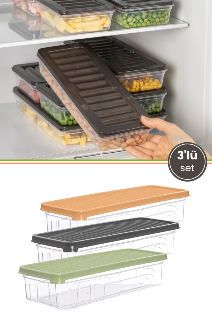 3’lü Sığ Buzdolabı Düzenleyici Set, Buzluk Derin Dondurucu Buzdolabı İnce Saklama Kabı 3x1300ml