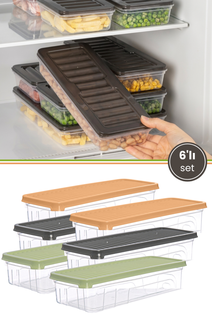 6’lı Sığ Buzdolabı Düzenleyici Set, Buzluk Derin Dondurucu Buzdolabı İnce Saklama Kabı 6x1300ml