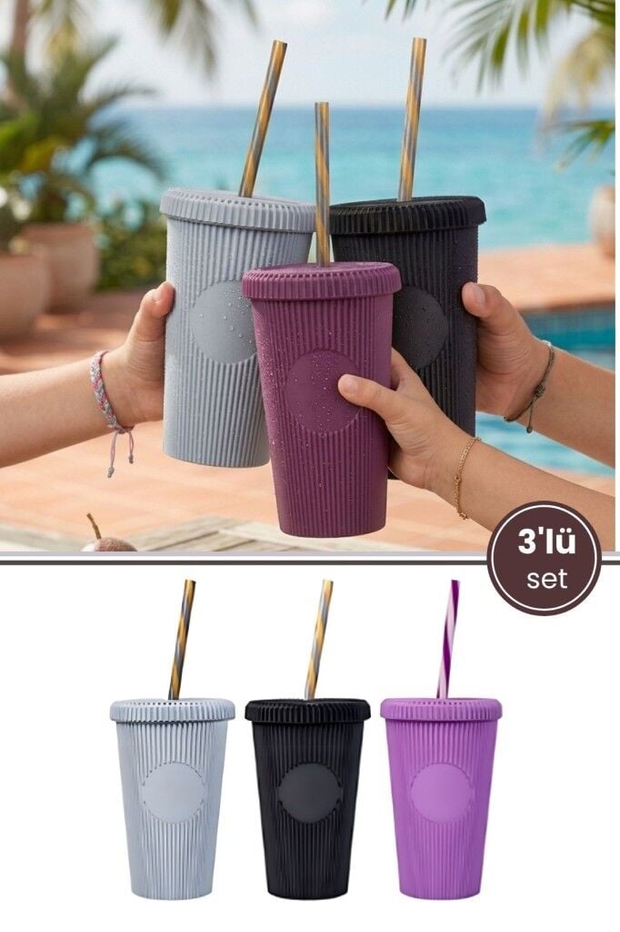 3 Adet Pipetli Kapaklı Opak Bardak 660 ml, Smoothie Meşrubat İçecek Bardağı Mor-Gri-Siyah 3’lü Set