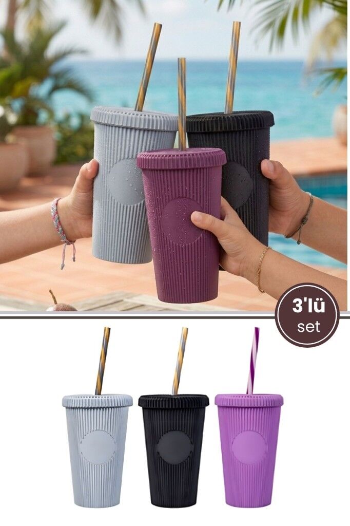 3 Adet Pipetli Kapaklı Opak Bardak 660 ml, Smoothie Meşrubat İçecek Bardağı Mor-Gri-Siyah 3’lü Set