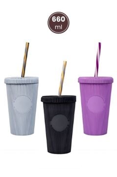 3 Adet Pipetli Kapaklı Opak Bardak 660 ml, Smoothie Meşrubat İçecek Bardağı Mor-Gri-Siyah 3’lü Set