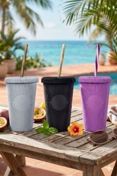 3 Adet Pipetli Kapaklı Opak Bardak 660 ml, Smoothie Meşrubat İçecek Bardağı Mor-Gri-Siyah 3’lü Set