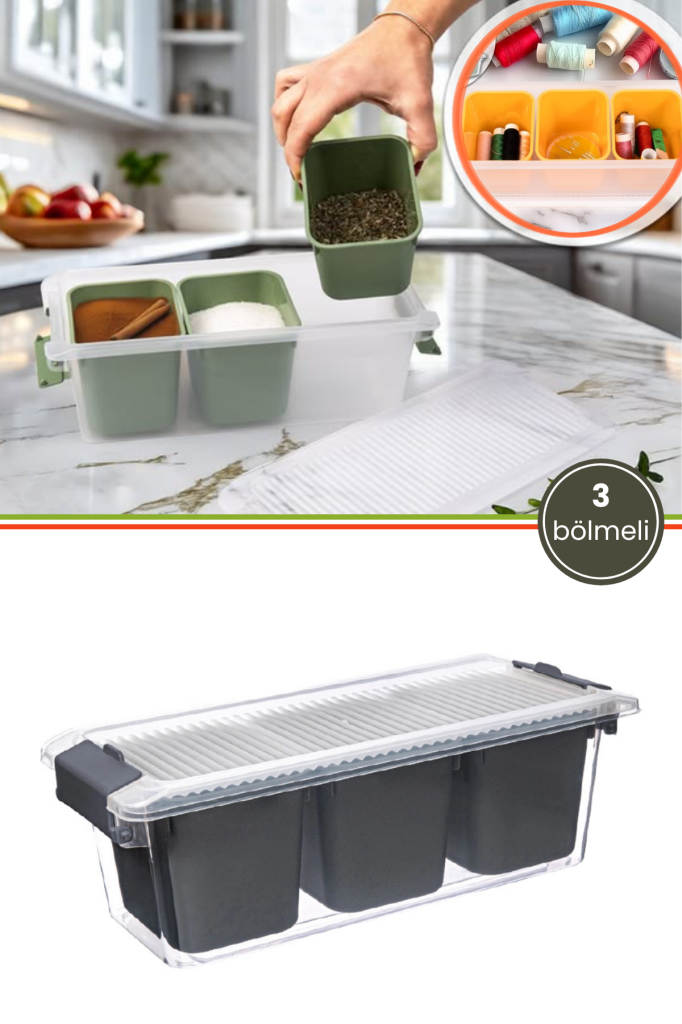 3 Bölmeli Çok Amaçlı Saklama Kabı 2 litre, Baharat Kuruyemiş Takı Ofis Organizer Kutu Düzenleyici