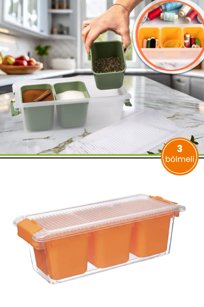 3 Bölmeli Çok Amaçlı Saklama Kabı 2 litre, Baharat Kuruyemiş Takı Ofis Organizer Kutu Düzenleyici Turuncu