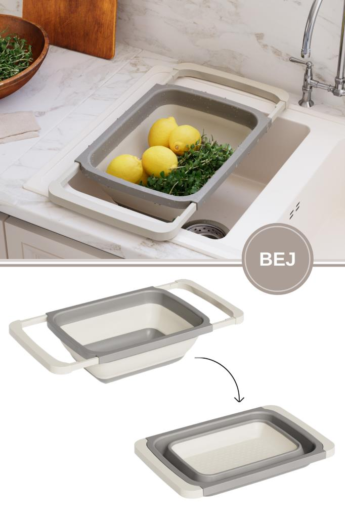 Büyük Boy Katlanır Lavabo Süzgeci, Silikon Akordiyon Meyve Sebze Ayarlanır Süzgeç 6,3 Litre Kahve