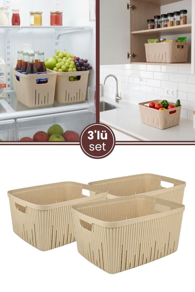 Flora 3'lü Dolap İçi Düzenleyici Sepet Seti, Mutfak Buzdolabı Organizer Tezgah Üstü Sepet 3x3,5 Litre