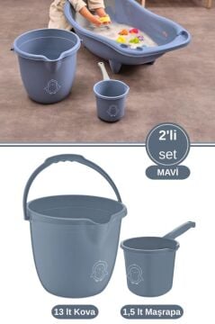 2’li Bebek Banyo Su Kovası ve Maşrapası Seti, Saplı Oluklu Kova 13lt ve Maşrapa 1,5lt Set Mavi