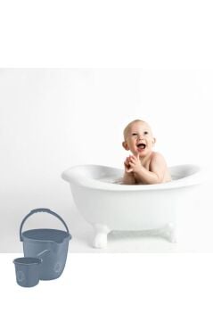 2’li Bebek Banyo Su Kovası ve Maşrapası Seti, Saplı Oluklu Kova 13lt ve Maşrapa 1,5lt Set Mavi