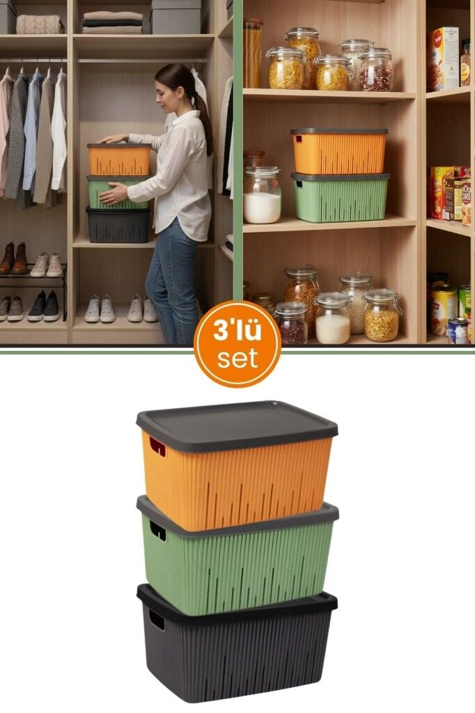 Flora 3'lü Kapaklı Dolap İçi Düzenleyici Sepet Seti, Banyo Mutfak Buzdolabı Oyuncak Kutusu 3x7 Litre