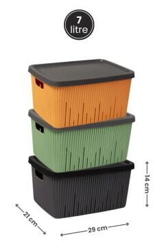 Flora 3'lü Kapaklı Dolap İçi Düzenleyici Sepet Seti, Banyo Mutfak Buzdolabı Oyuncak Kutusu 3x7 Litre