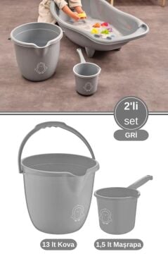 2’li Bebek Banyo Su Kovası ve Maşrapası Seti, Saplı Oluklu Kova 13lt ve Maşrapa 1,5lt Set Gri