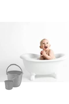 2’li Bebek Banyo Su Kovası ve Maşrapası Seti, Saplı Oluklu Kova 13lt ve Maşrapa 1,5lt Set Gri