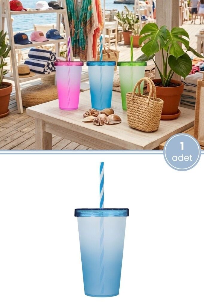 Çift Renkli Pipetli Kapaklı Bardak 660 ml, Smoothie Meşrubat Meyve Suyu Parti İçecek Bardağı