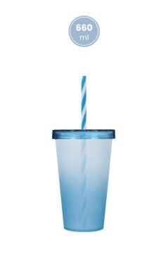 Çift Renkli Pipetli Kapaklı Bardak 660 ml, Smoothie Meşrubat Meyve Suyu Parti İçecek Bardağı