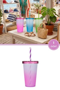 Çift Renkli Pipetli Kapaklı Bardak 660 ml, Smoothie Meşrubat Meyve Suyu Parti İçecek Bardağı