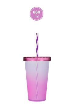 Çift Renkli Pipetli Kapaklı Bardak 660 ml, Smoothie Meşrubat Meyve Suyu Parti İçecek Bardağı