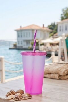 Çift Renkli Pipetli Kapaklı Bardak 660 ml, Smoothie Meşrubat Meyve Suyu Parti İçecek Bardağı