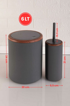 Ahşap Desenli Sallanır Kapak Çizgili Banyo Çöp Kovası Fırça Seti Beyaz Gri