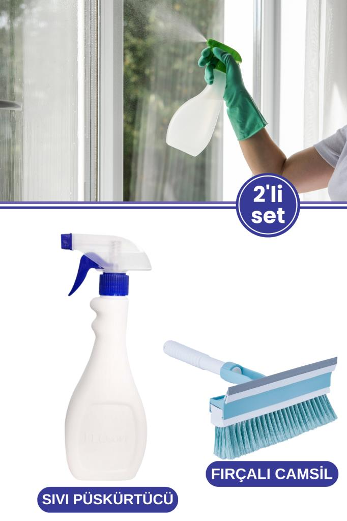Tigerli Sıvı Püskürtücü ve Fırçalı Camsil Seti, Spreyli Temizlik Şişesi 1000ml + Oto Camsil 21cm