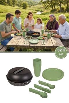 6 Kişilik Piknik Seti, 32 Parça Piknik Kamp Yemek Takımı Tabak Çatal Bıçak Kaşık Bardak Seti Yeşil