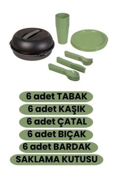 6 Kişilik Piknik Seti, 32 Parça Piknik Kamp Yemek Takımı Tabak Çatal Bıçak Kaşık Bardak Seti Yeşil