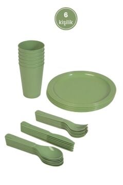 6 Kişilik Piknik Seti, 32 Parça Piknik Kamp Yemek Takımı Tabak Çatal Bıçak Kaşık Bardak Seti Yeşil
