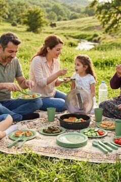 6 Kişilik Piknik Seti, 32 Parça Piknik Kamp Yemek Takımı Tabak Çatal Bıçak Kaşık Bardak Seti Yeşil